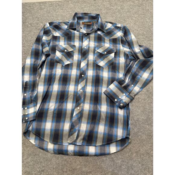 Roper Mens Shirt L Blue Plaid Pearl Snap Western Multicolored Cowboy 100% Cotton - Picture 1 of 6